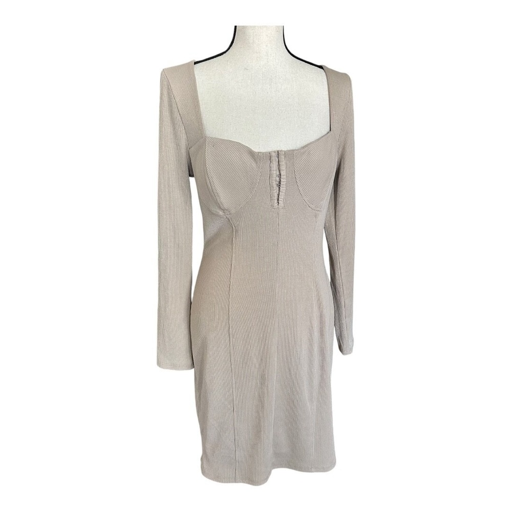 ASTR the Label Womens Hook & Eye Bodycon Dress Taupe Long Sleeve Ribbed Mini XL